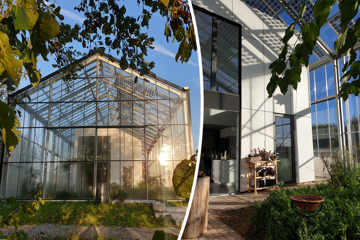 L'intérieur et l'extérieur d'une maison sous serre