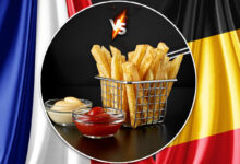 Drapeau de la France et de la Belgique avec une barquette de frittes