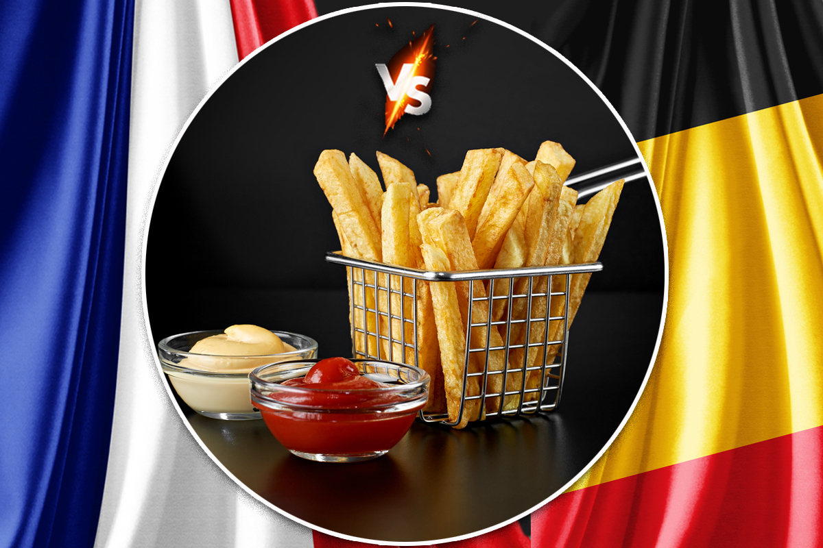 Drapeau de la France et de la Belgique avec une barquette de frittes