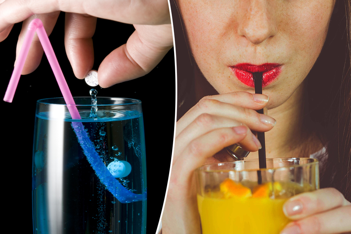 Une main qui met du GHB dans un verre à gauche et une femme qui boit dans un verre avec une paille à droite