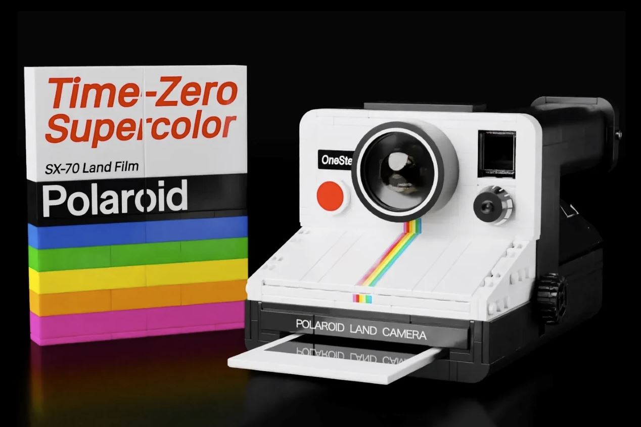 Un appareil photo polaroid et une recharge en LEGO