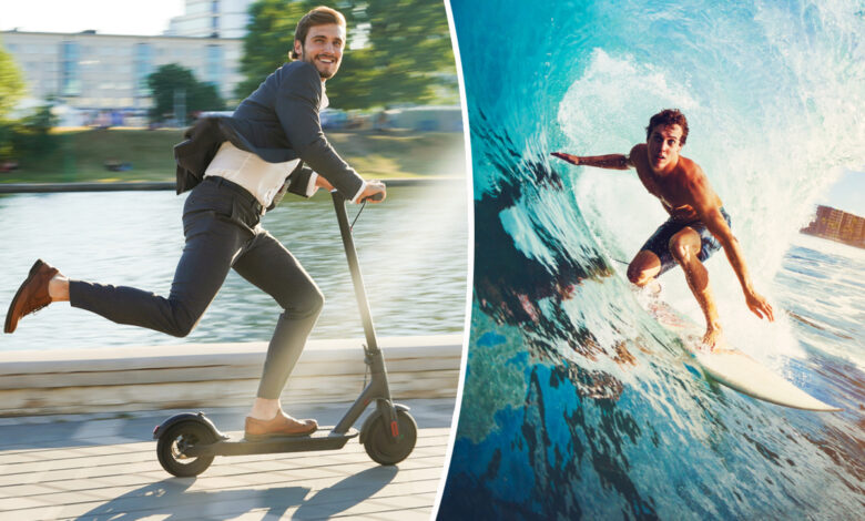 Un surfeur et un homme en trottinette
