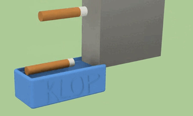 un cendrier imprimé en 3d qui se fixe sous le paquet de cigarette