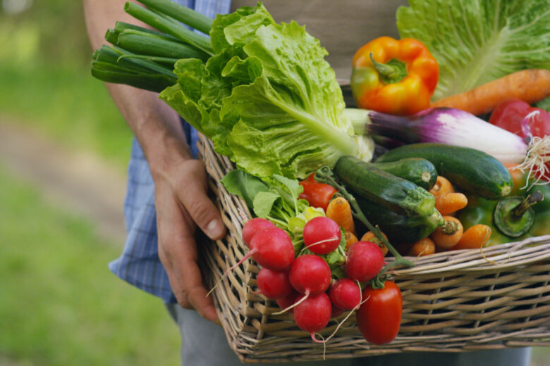 Un homme tient un panier de légumes 