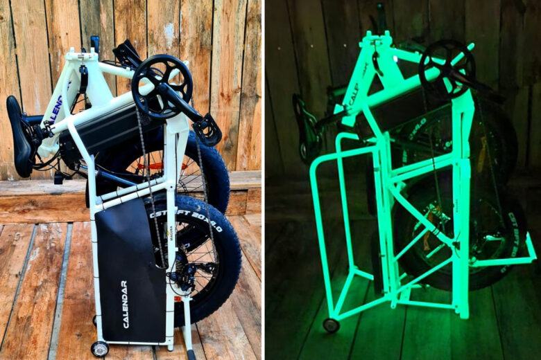 Un vélo cargo fluorescent