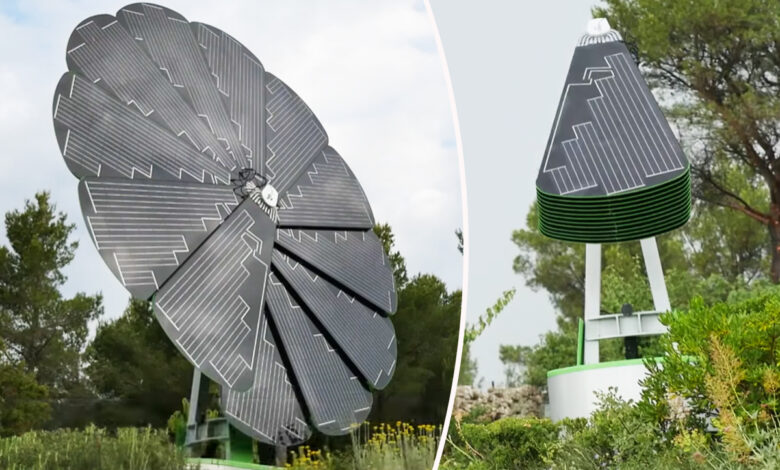 Générateur photovoltaïque en forme de fleur posée au sol