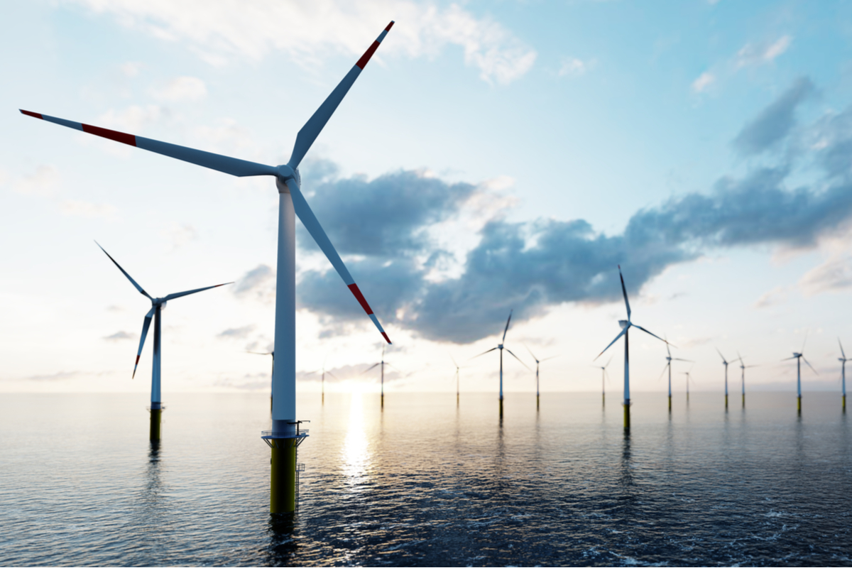 une ferme d'éoliennes offshores.