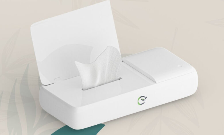 Un distributeur de lingettes réutilisables et humidifiables.