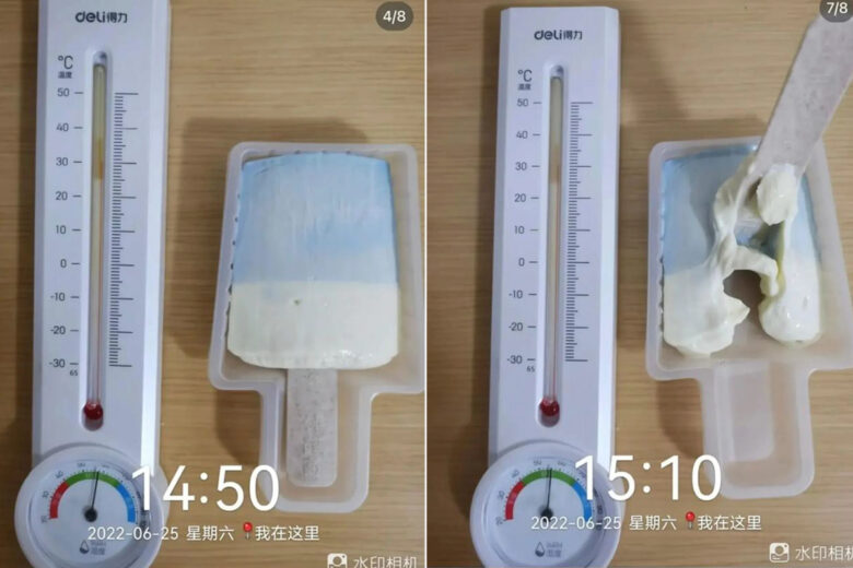 La crème glacée a été exposée à des températures ambiantes de 31 degrés.