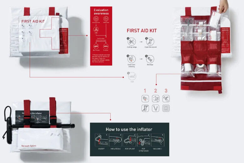 Un kit de premiers secours est inclus dans la conception de la civière gonflable