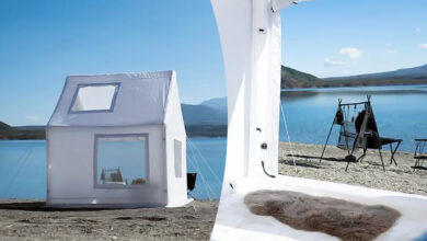 Une tente gonflable blanche en forme de Tiny House