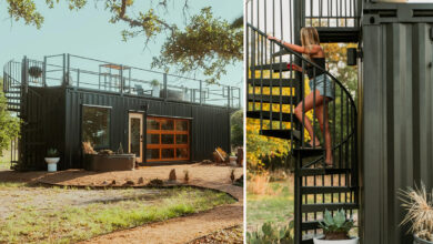 Une grande maison container avec une terrasse et un bain à remous