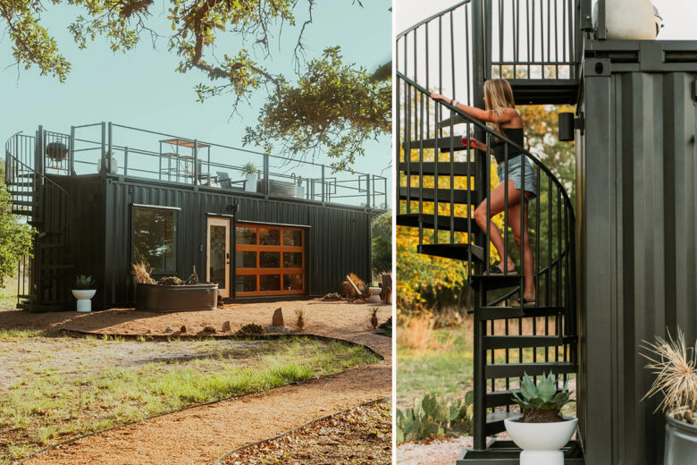 Une grande maison container avec une terrasse et un bain à remous