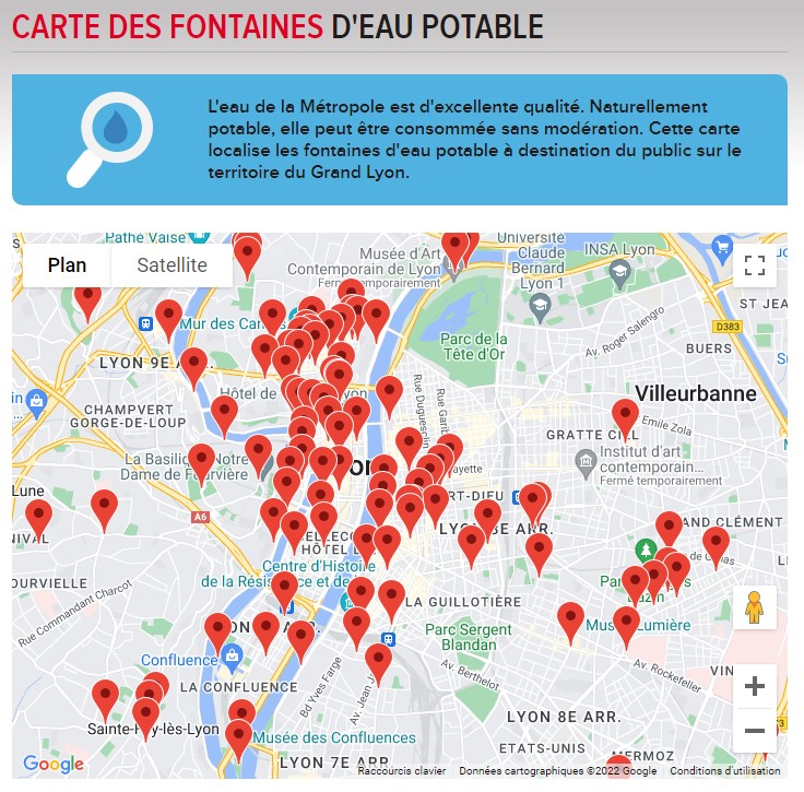 La carte des fontaines d'eau potable disponibles à Lyon