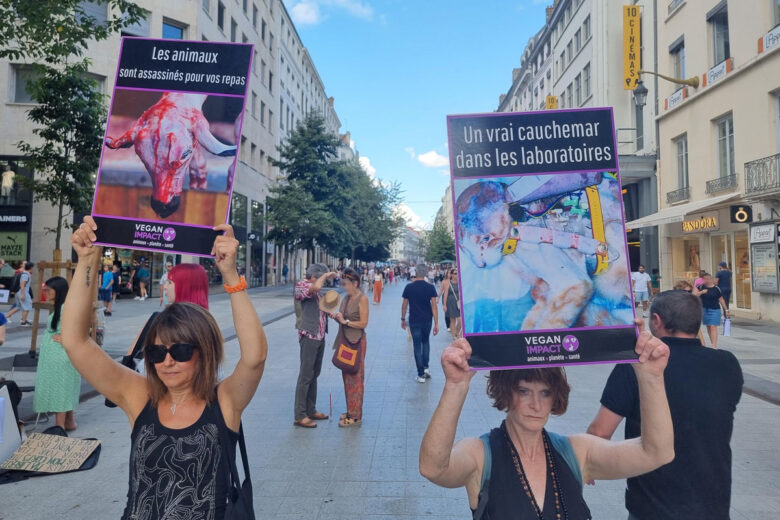 Des militantes de l’association VeganImpact rue de la république à Lyon.