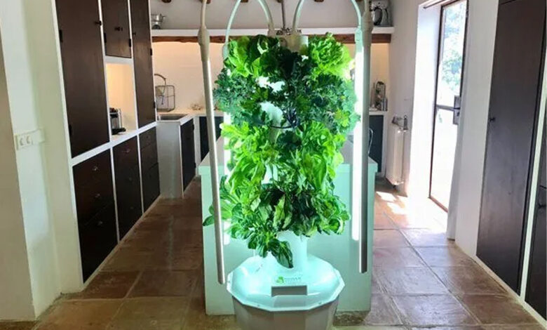Tower Garden, un système aéroponique qui peut être utilisé à l’extérieur ou à l’intérieur.