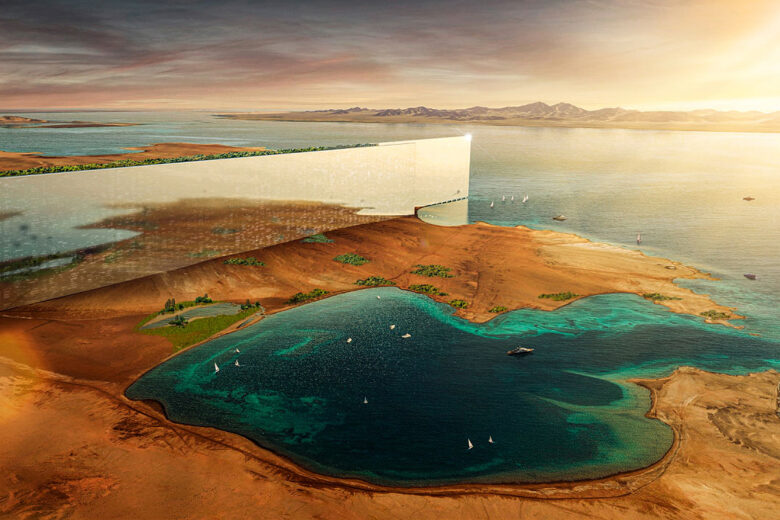 Une mégapole futuriste en Arabie saoudite comprenant deux immenses gratte-ciel recouverts de miroirs.