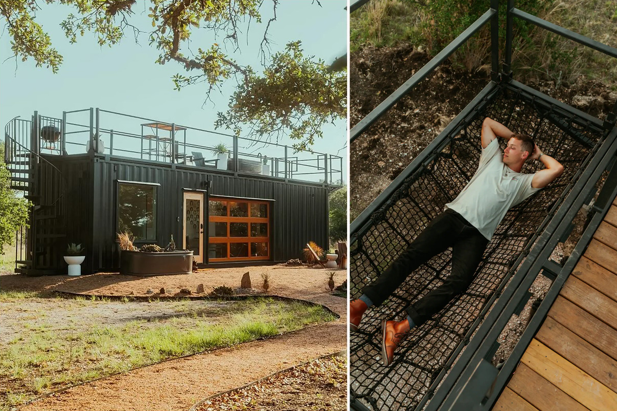 Une grande maison container avec une terrasse et un filet hamac.