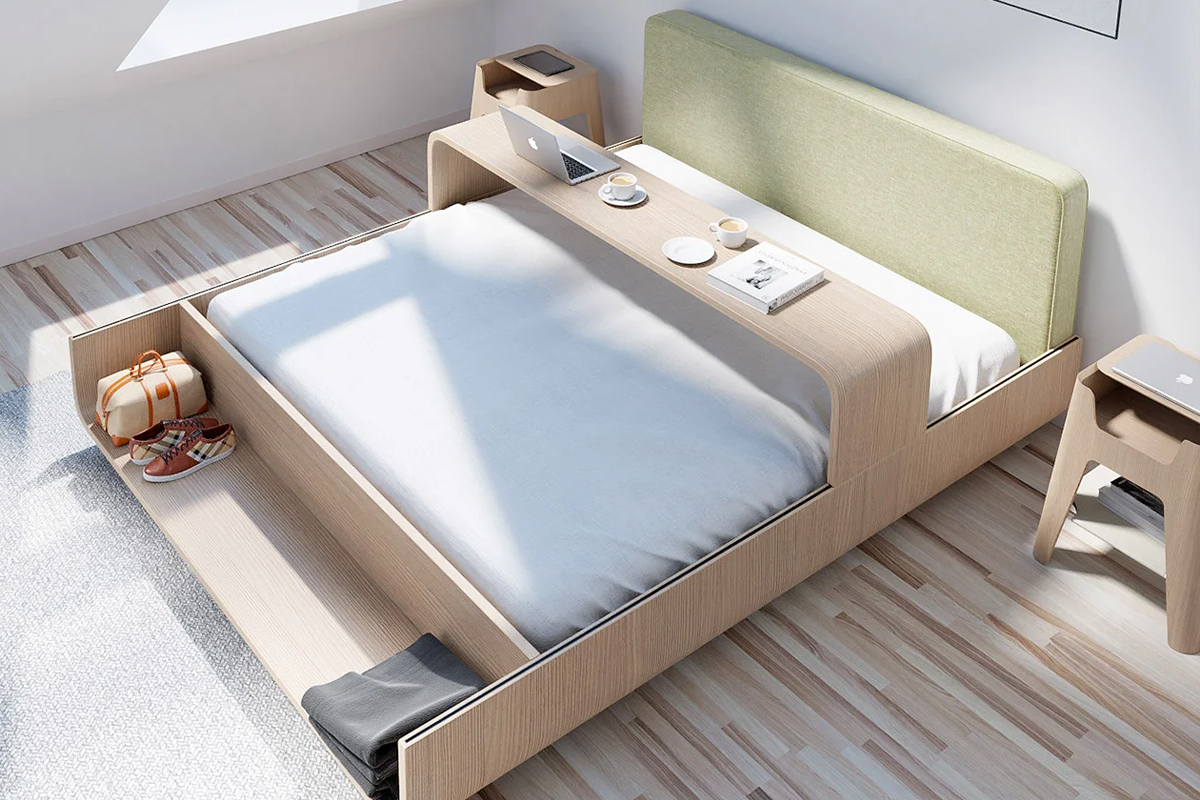 Un lit innovant avec un bureau coulissant