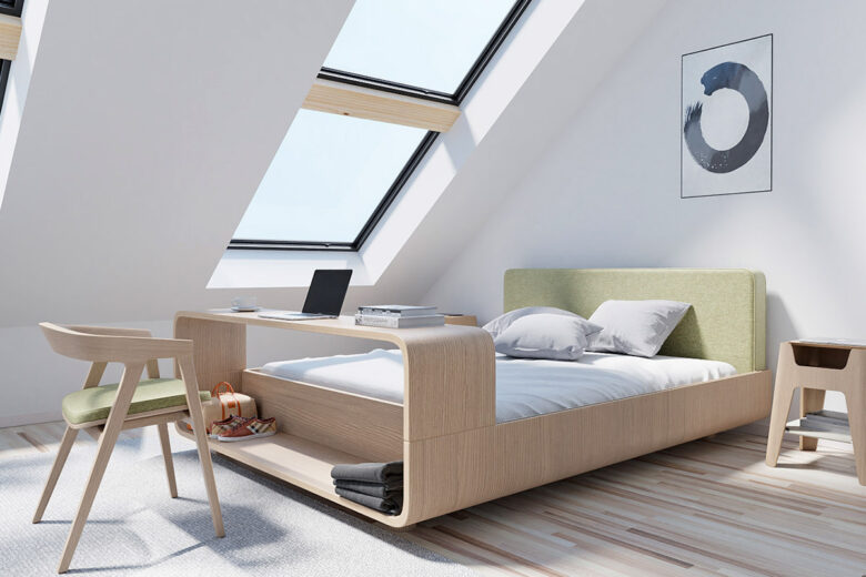 Un lit design et innovant équipé d'un bureau coulissant