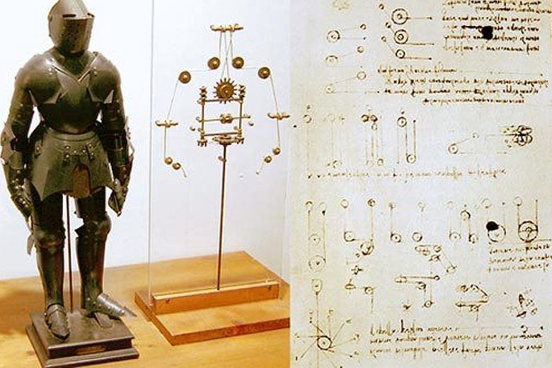 Robot humanoïde et plan de Léonard de Vinci (Source : domaine public)