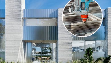 Rendu de la maison à deux étages de Houston conçue par Leslie Lok et Sasa Zivkovic, qui présente une conception hybride unique en son genre utilisant une charpente en béton et en bois imprimée en 3D