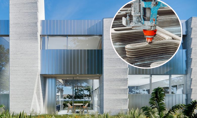 Rendu de la maison à deux étages de Houston conçue par Leslie Lok et Sasa Zivkovic, qui présente une conception hybride unique en son genre utilisant une charpente en béton et en bois imprimée en 3D