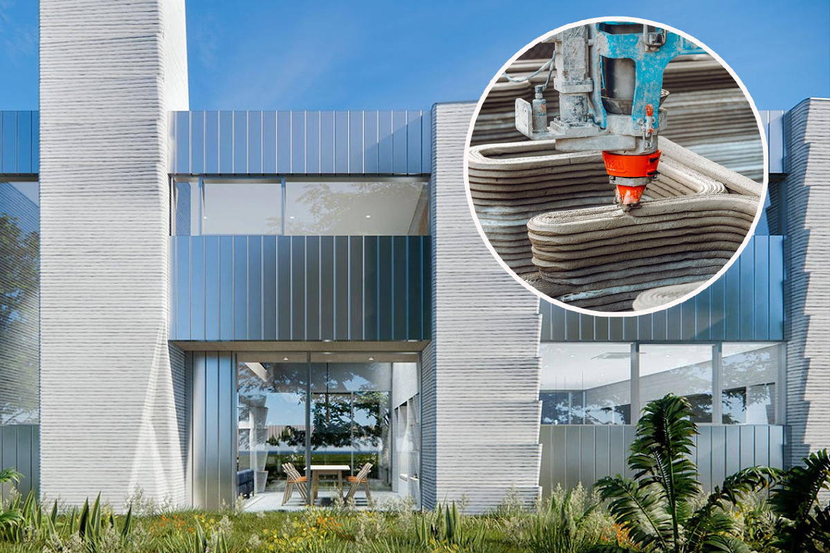 Rendu de la maison à deux étages de Houston conçue par Leslie Lok et Sasa Zivkovic, qui présente une conception hybride unique en son genre utilisant une charpente en béton et en bois imprimée en 3D