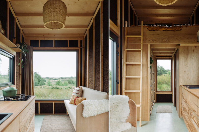 Une façade de panneaux de chanvre ondulé, une isolation en liège et un revêtement de sol en caoutchouc naturel.