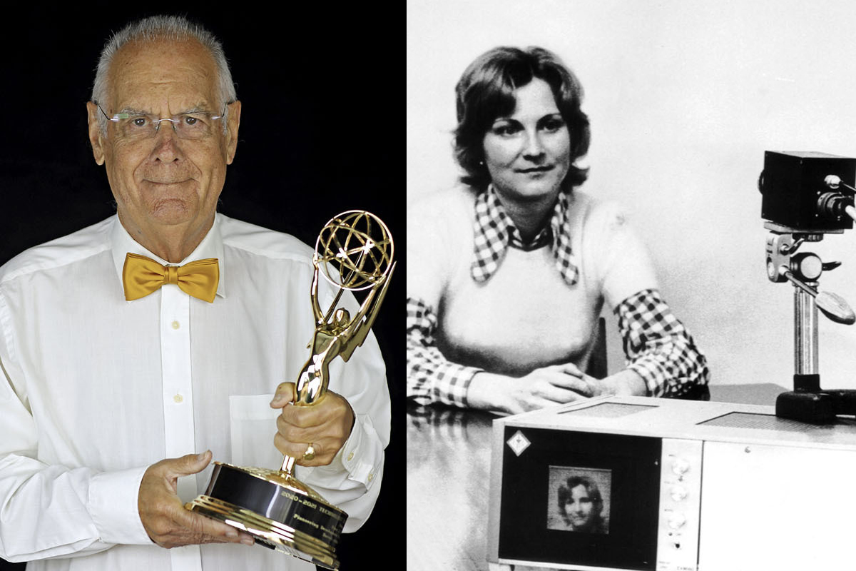 Peter Noble avec le prix Emmy qu'il a remporté pour l'avancement des arts et des sciences à la télévision