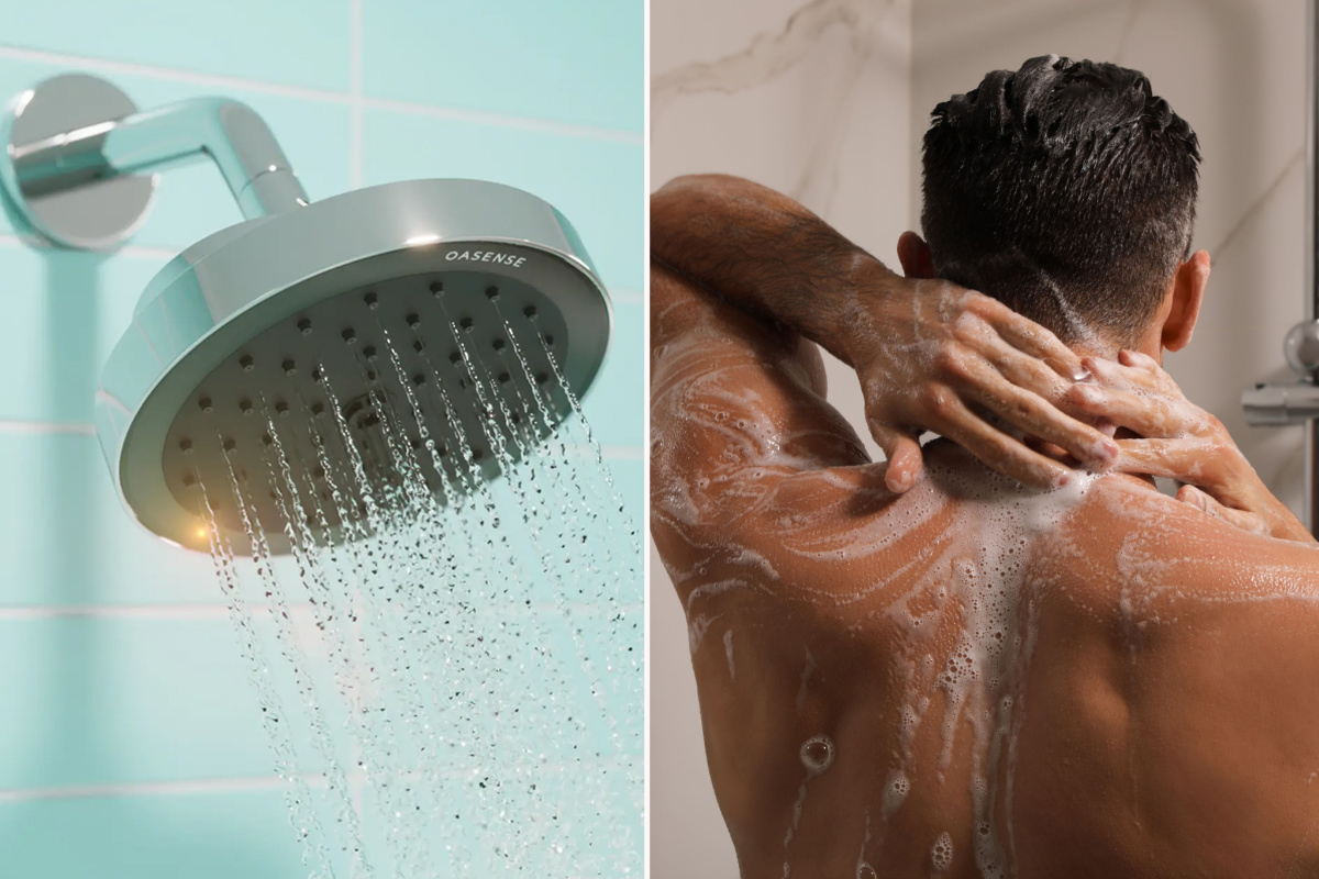 Le pommeau de douche REVA réduit le débit d’eau d’environ 85% lorsqu’il détecte que l’utilisateur ne se tient pas directement en dessous.