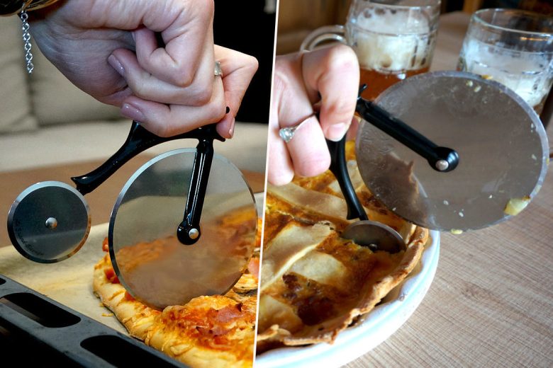 A pizza wheel made in France, optimized for pies with integrated bottle opener