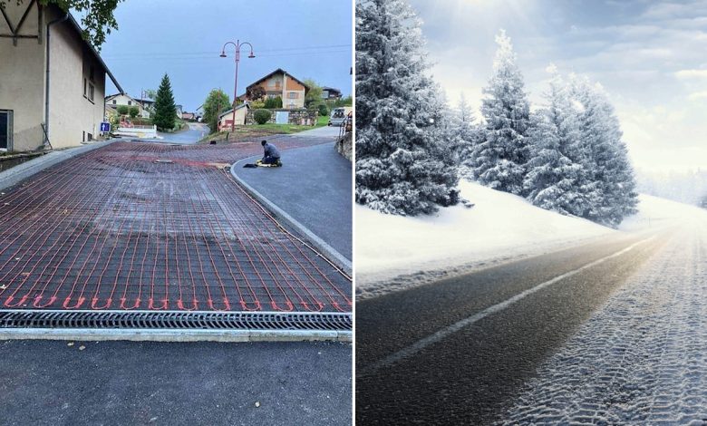 L'Installation de câbles électriques pour faire fondre la neige dans un carrefour de la ville de Jougne.
