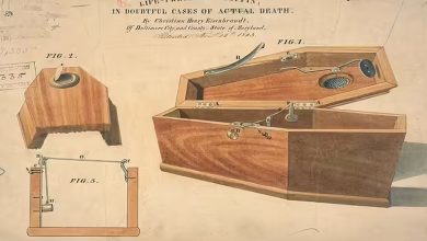 Le brevet pour un cercueil de survie inventé par Christian H. Eisenbrandt en 1843. Le cercueil avait un couvercle à ressort qui s'ouvrait au « moindre mouvement de la tête ou de la main ».