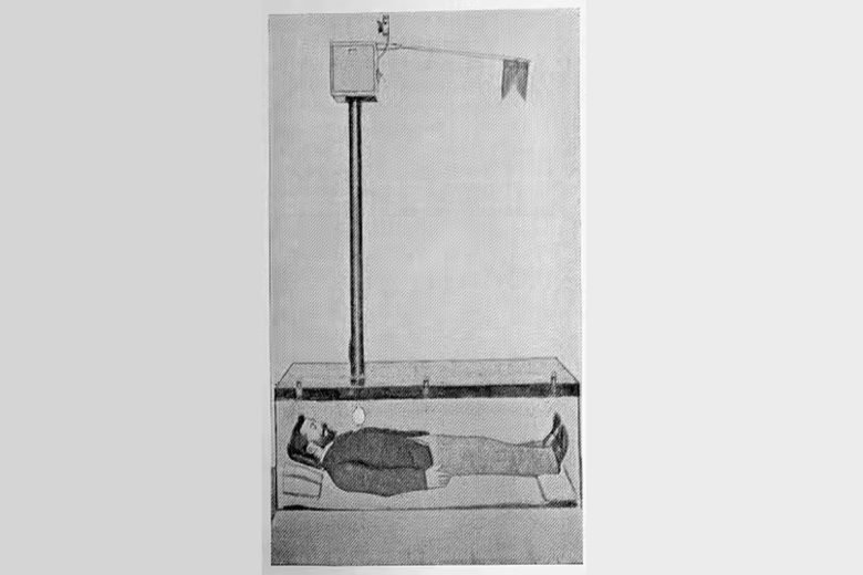 L'invention du comte Karnice-Karnicki : Un appareil qui permettait d'allumer une lumière et un approvisionnement en oxygène dans un cercueil lorsqu'il serait déclenché par un « cadavre ».