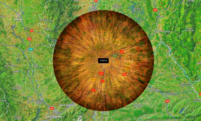 Une simulation d'Asteroid Launcher sur la ville de Lyon