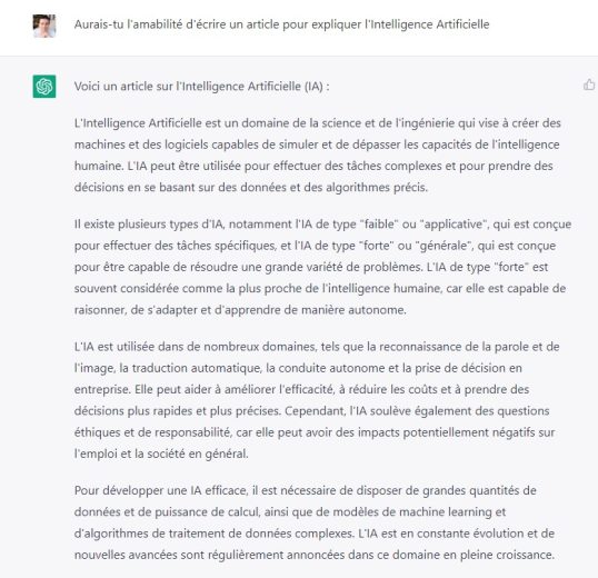 Aurais-tu l'amabilité d'écrire un article pour expliquer l'Intelligence Artificielle