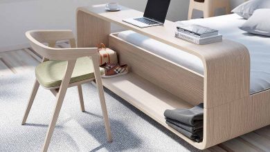 Le lit Boomerang est doté d'une table intégrée et d'un espace de rangement