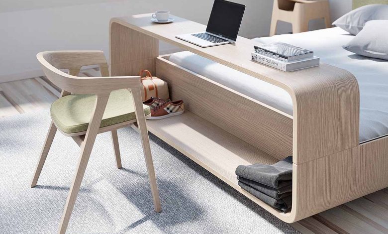Le lit Boomerang est doté d'une table intégrée et d'un espace de rangement