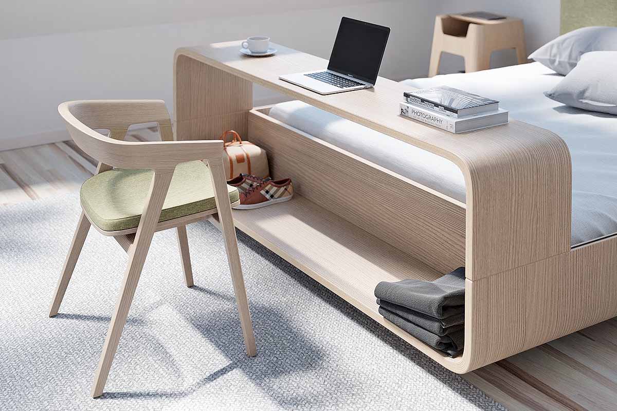 Le lit Boomerang est doté d'une table intégrée et d'un espace de rangement