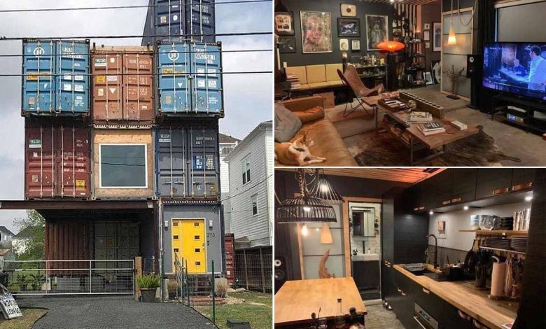 Une maison fabriquée avec 11 conteneurs maritimes empilés.