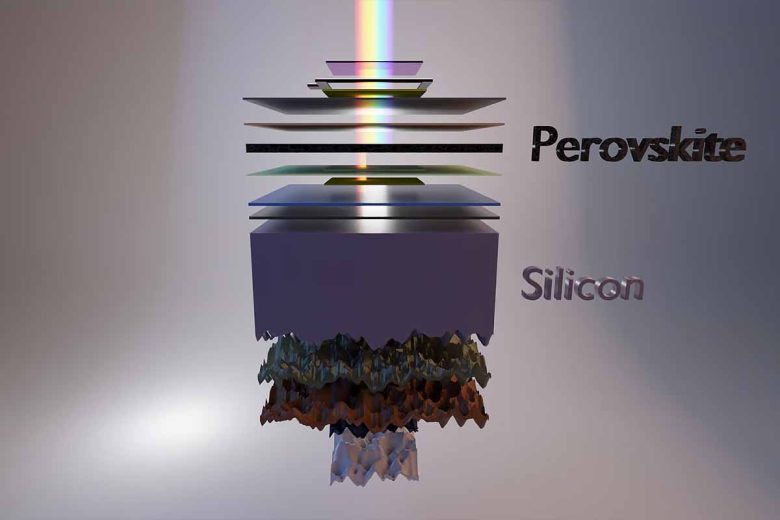 Une vue en éclaté de la nouvelle cellule solaire pérovskite/silicium. 