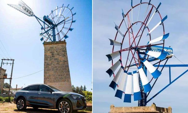 Le moteur électrique d'une Audi e-tron transforme un moulin à vent traditionnel en éolienne.