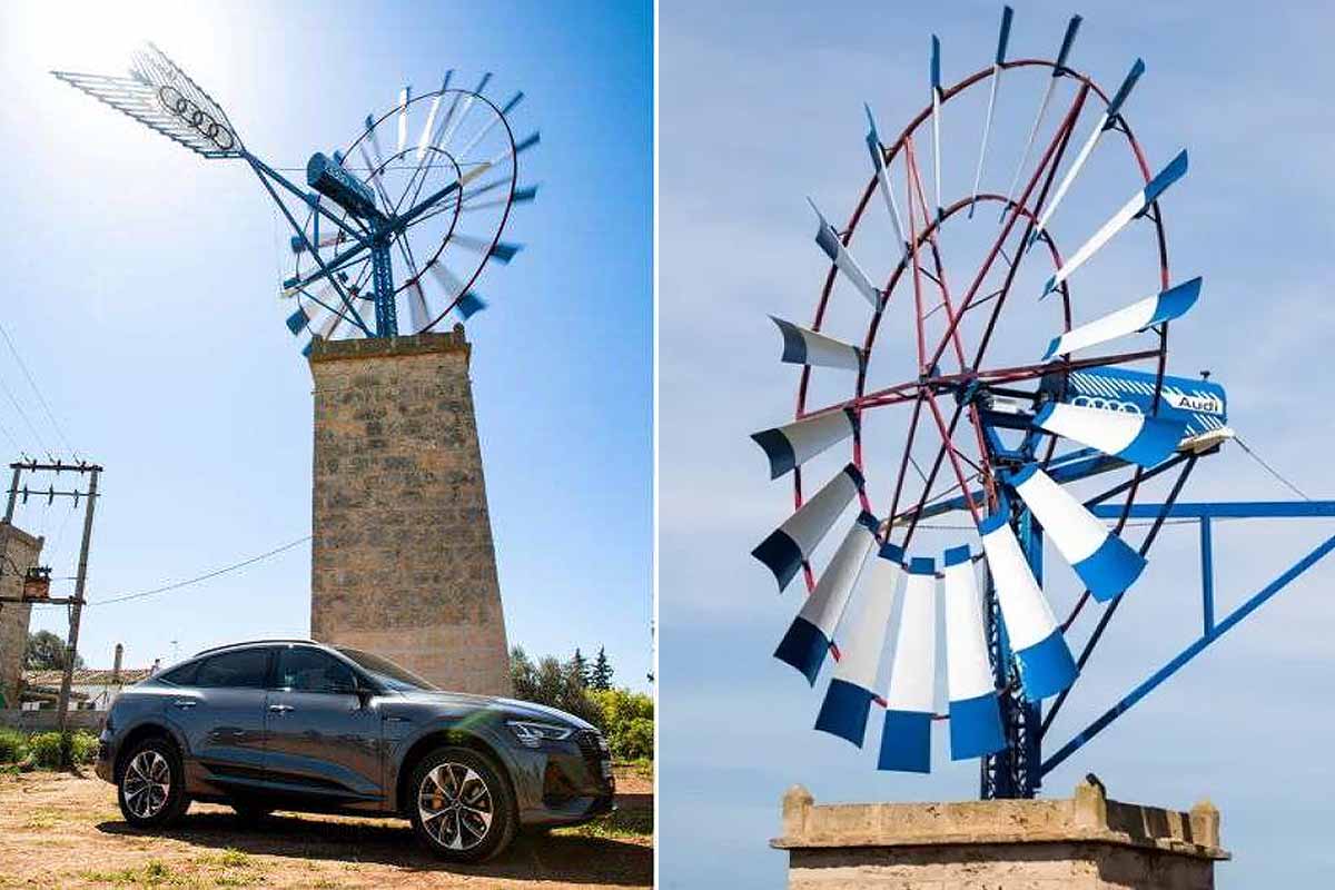 Le moteur électrique d'une Audi e-tron transforme un moulin à vent traditionnel en éolienne.