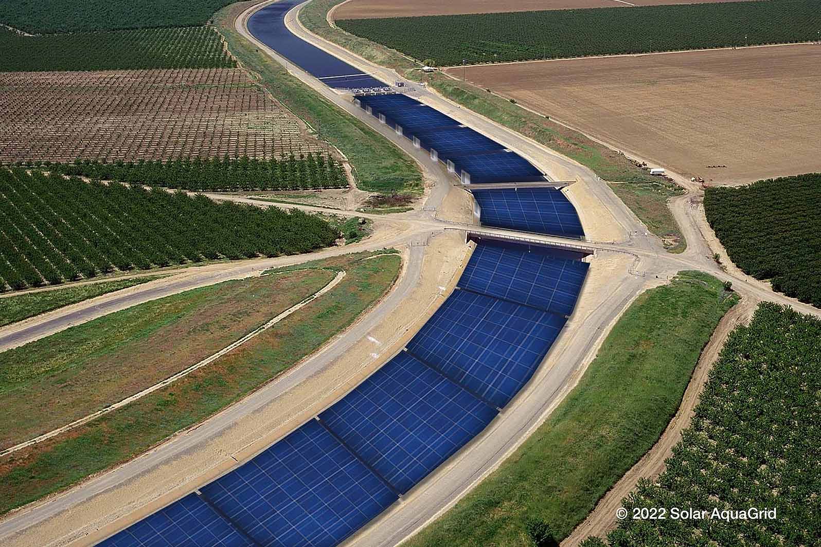 Un projet inspiré par une étude de l'Université de Californie publiée en 2021 qui a démontré les nombreux avantages en termes d'eau, d'énergie et de coûts de couvrir le système d'aqueducs exposés de la Californie avec des panneaux solaires.