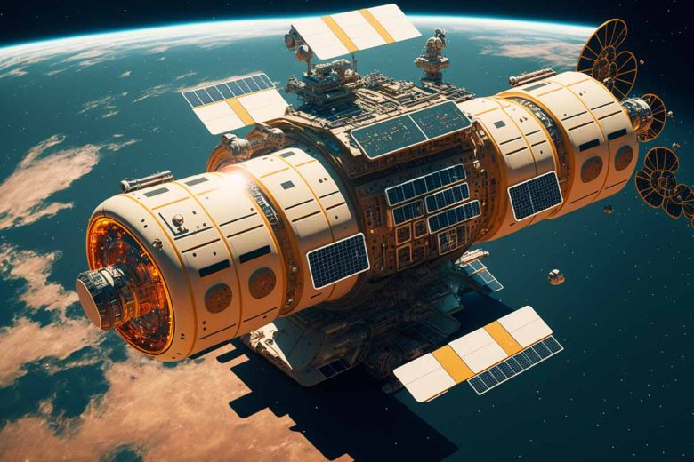 Un concept art d'une station solaire spatiale.