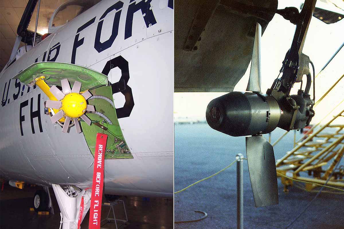 Éolienne de secours d'un Boeing 757 (droite) et une éolienne de secours d'un chasseur-bombardier F-105 (gauche).