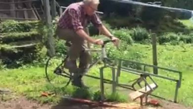 Il invente un vélo pour couper du bois.