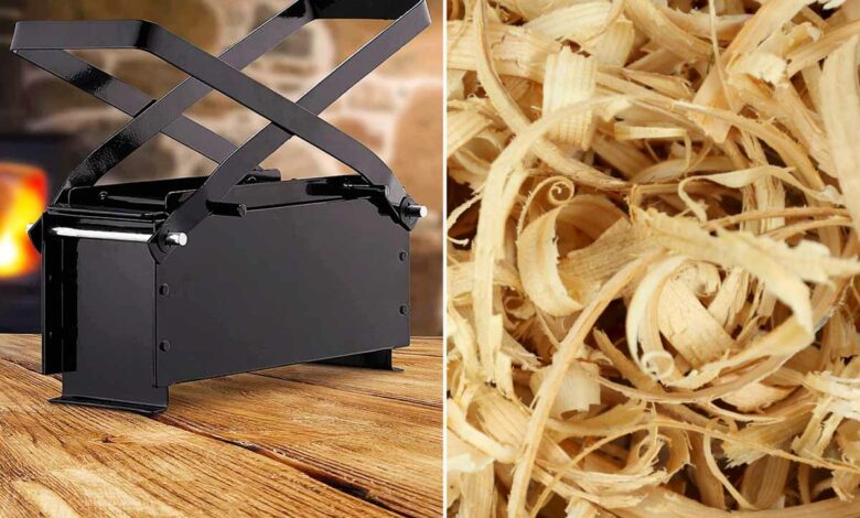 L'invention d'une presse pour fabriquer du combustible de cheminée avec de la sciure et du carton.