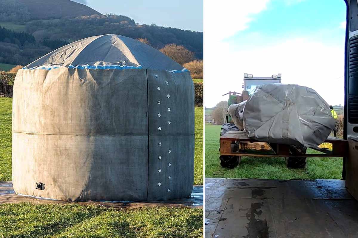 L'invention un réservoir d’eau gonflable en toile de béton.